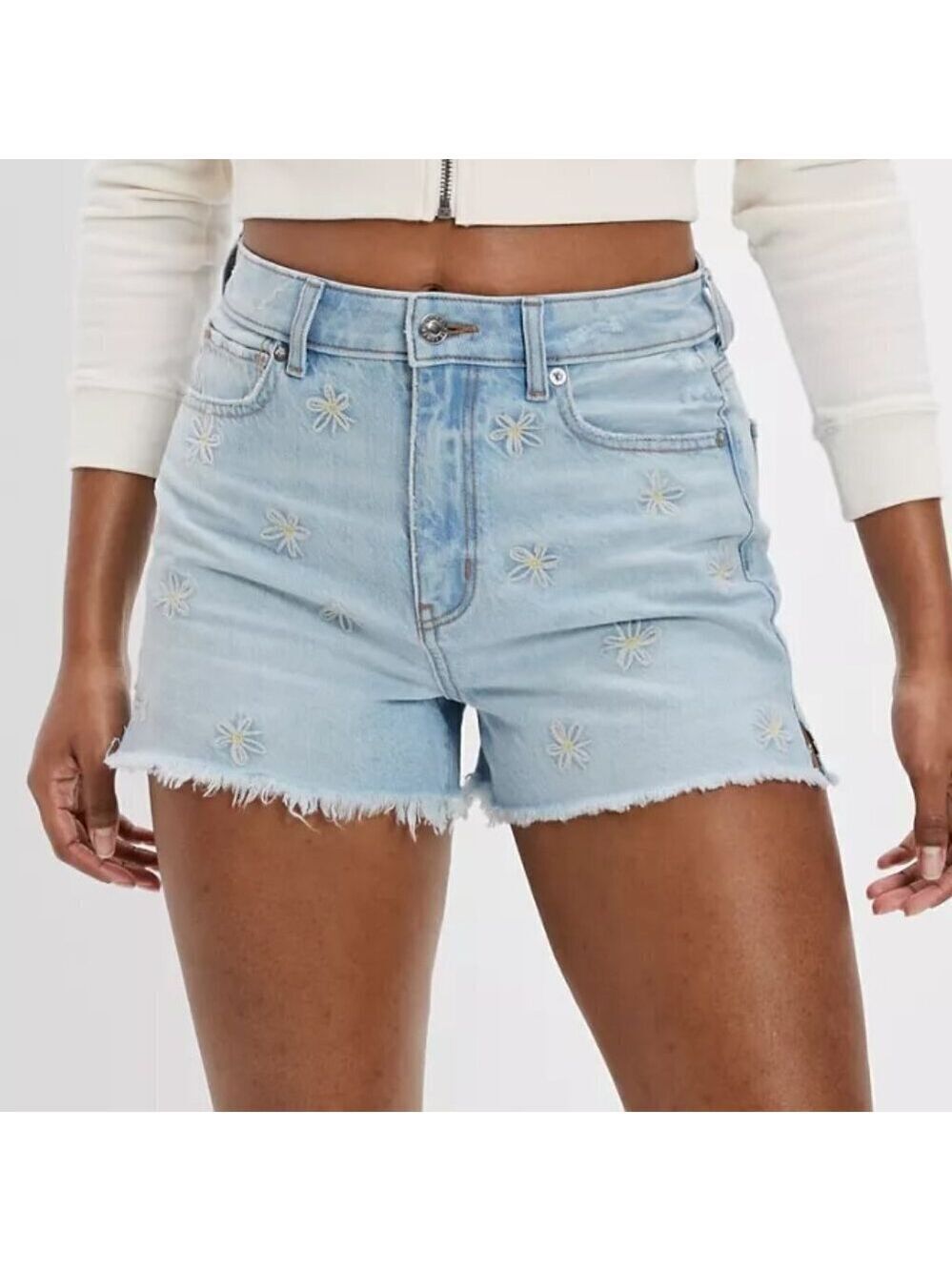 AE Light Indigo Mom Shorts with Daisy Embroidery